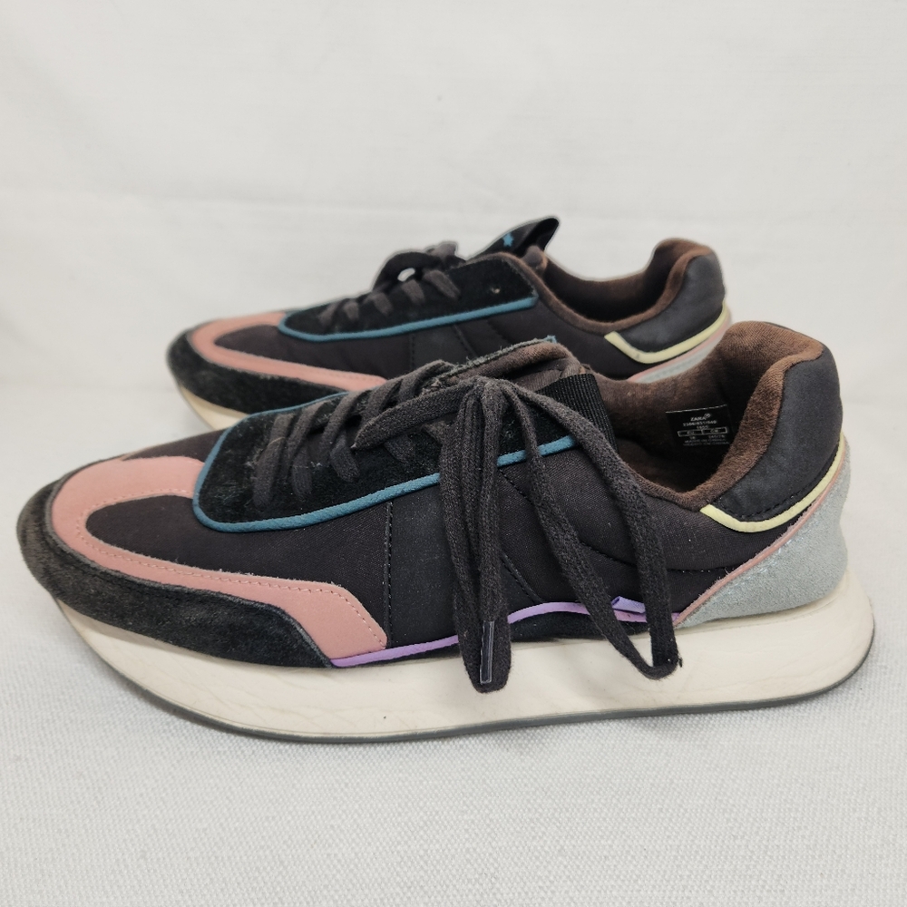 Zara Womens Suede Trainers Sneaker Shoes Lace Up Black Pink Size 38